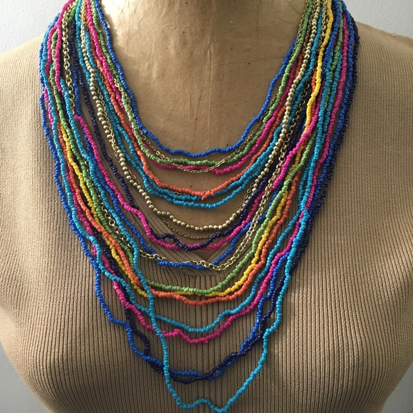 Multi Color Glass Seed & Multi Goldtone Chains Strand Boho Necklace 28" - Picture 3 of 12